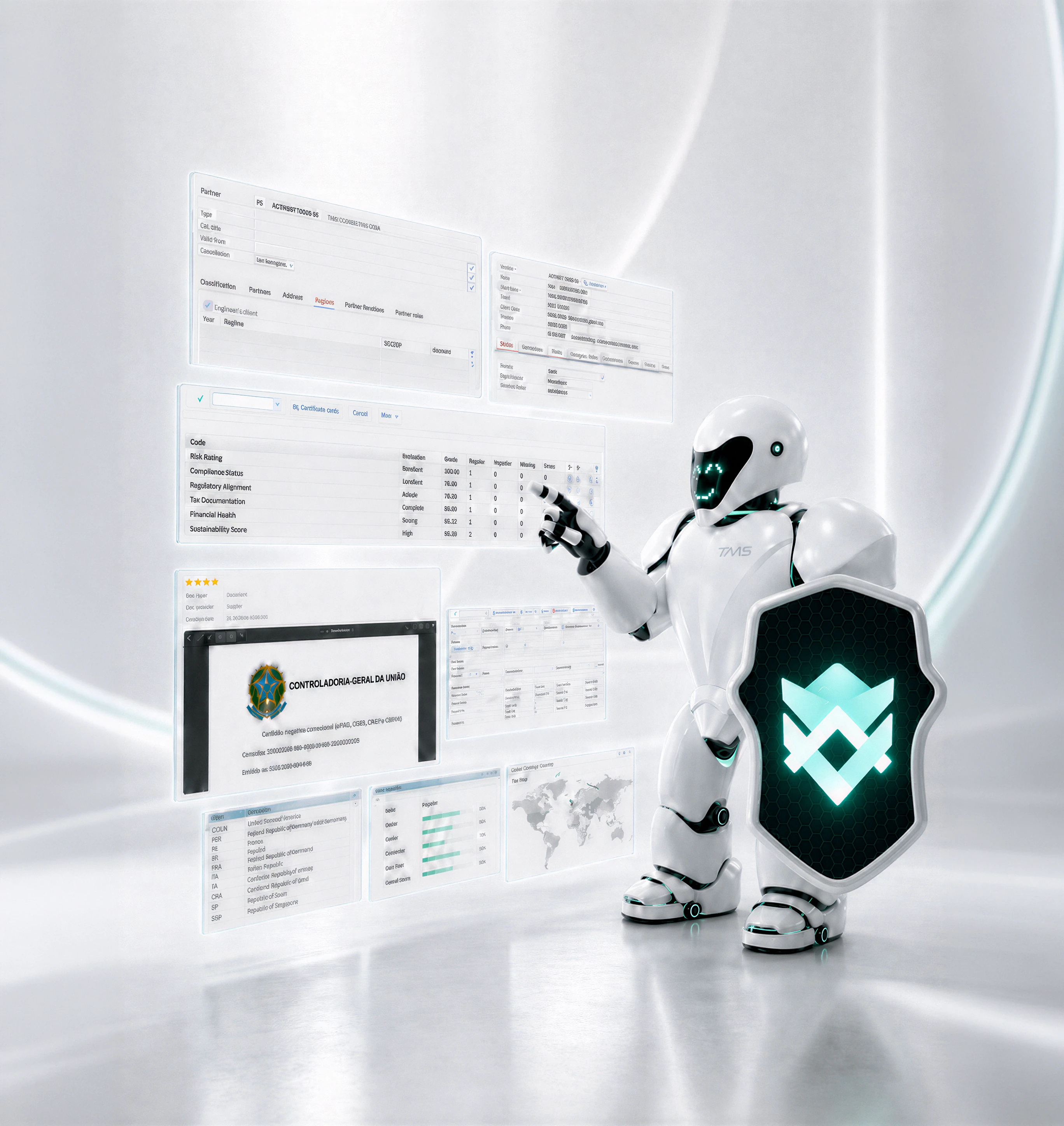 Robô humanoide Áspide com escudo e telas de documentos fiscais